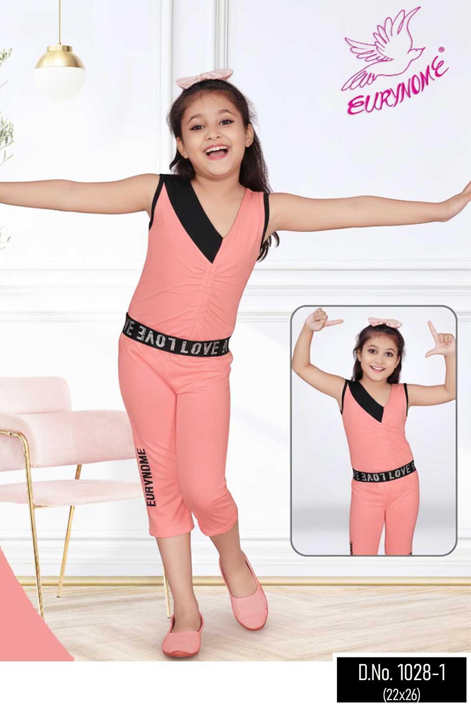 Eurynome Kidswear Girls – Sleeveless Top & Eurynome Pant Set, Striking Black Edges, Signature Logo Capris, Sporty Lace Waist, Summer Chic Ages 3-6.