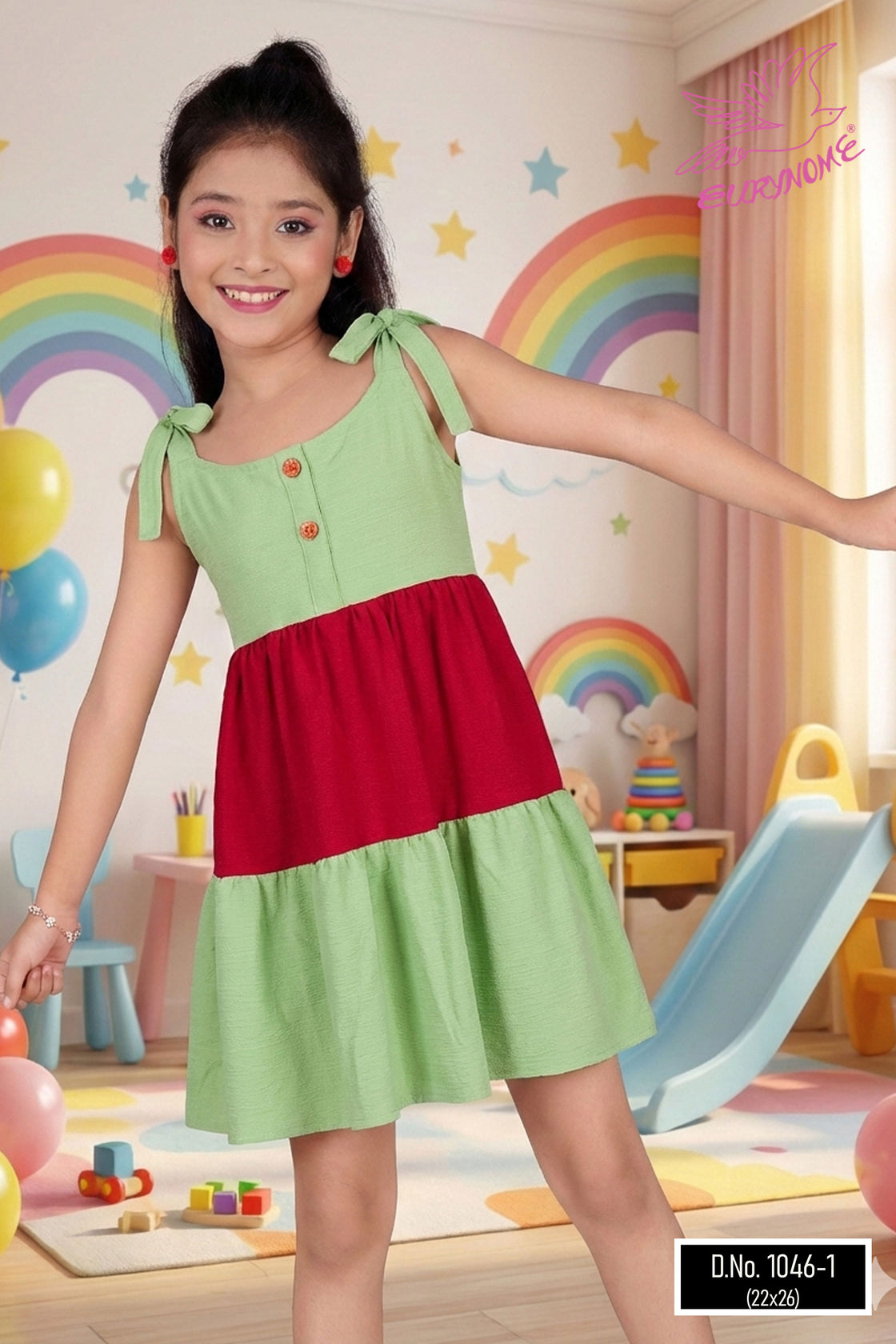 Eurynome Kidswear Girls – Poppins Frock, retro buttons, adjustable lace straps, pure comfort, playful above-knee fit. Ages 3-6.