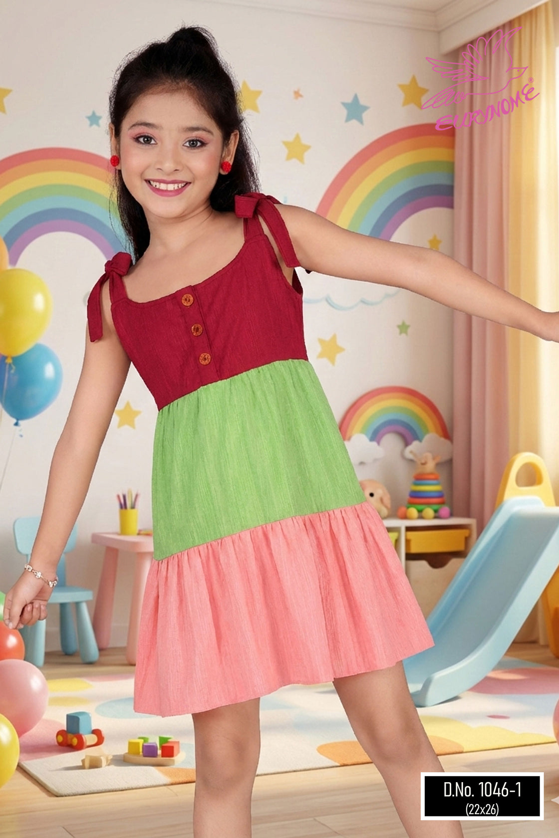 Eurynome Kidswear Girls – Poppins Frock, retro buttons, adjustable lace straps, pure comfort, playful above-knee fit. Ages 3-6.