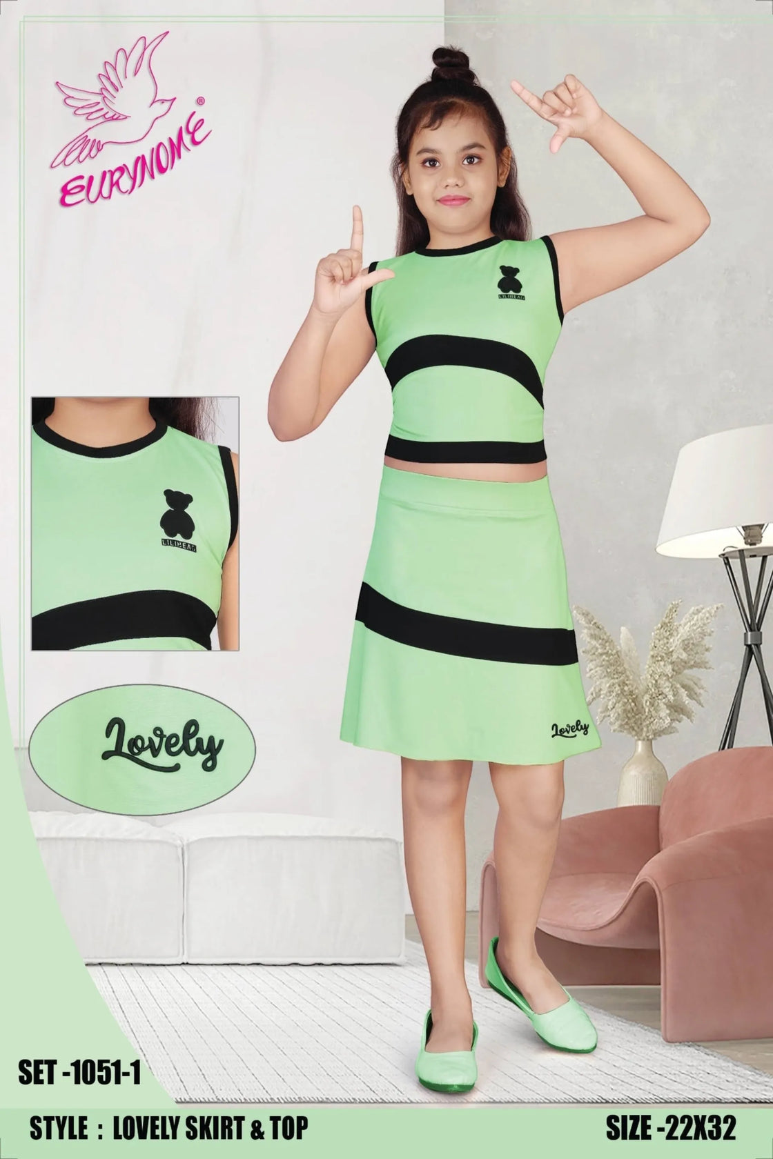 Eurynome Kidswear Girls – Lovely Tennis Skirt & Top set, sporty stripes, lightweight Tencel knits, “Lovely” motif, court-chic play for ages 3-9.