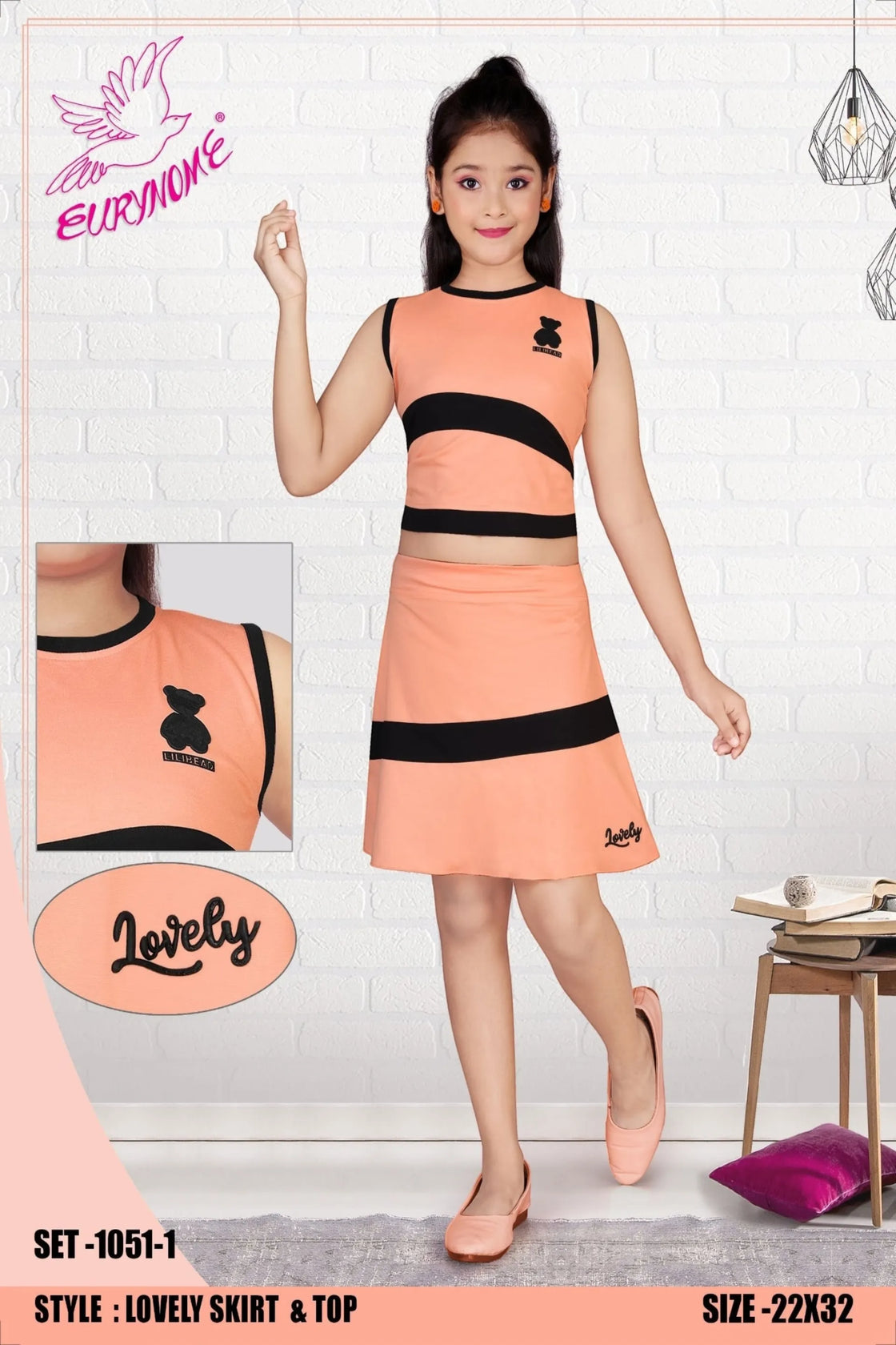 Eurynome Kidswear Girls – Lovely Tennis Skirt & Top set, sporty stripes, lightweight Tencel knits, “Lovely” motif, court-chic play for ages 3-9.