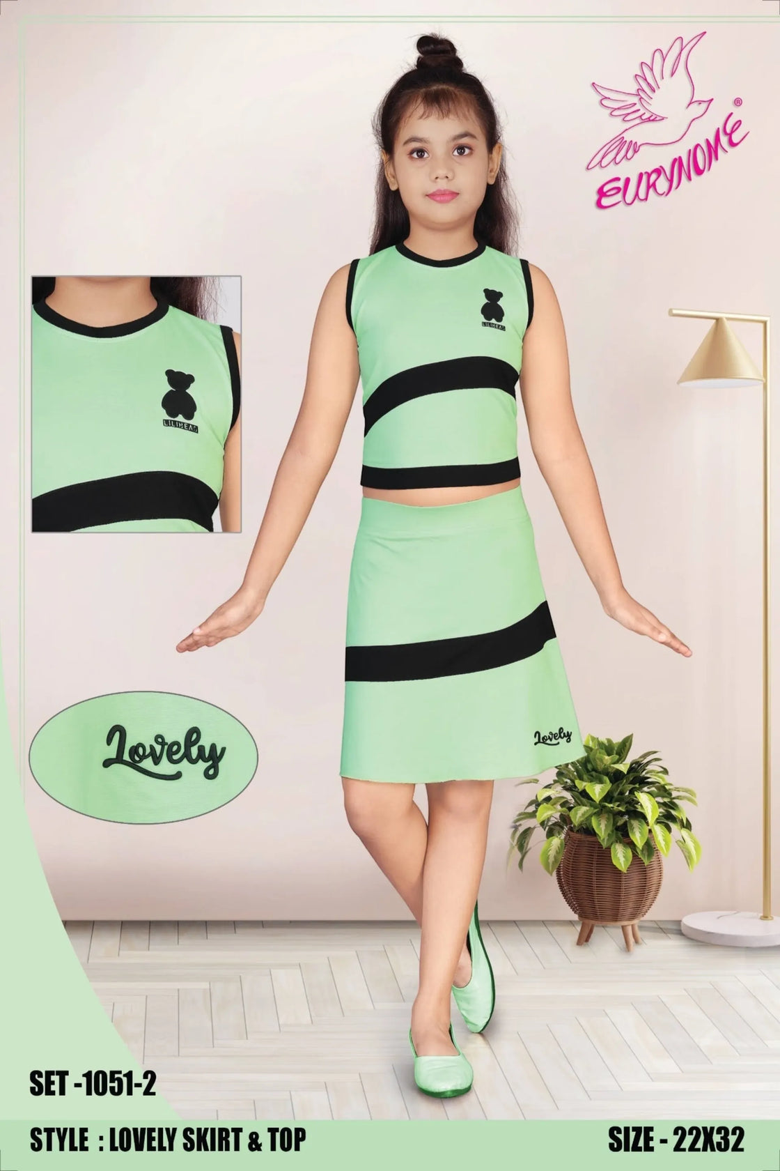 Eurynome Kidswear Girls – Lovely Tennis Skirt & Top set, sporty stripes, lightweight Tencel knits, “Lovely” motif, court-chic play for ages 3-9.