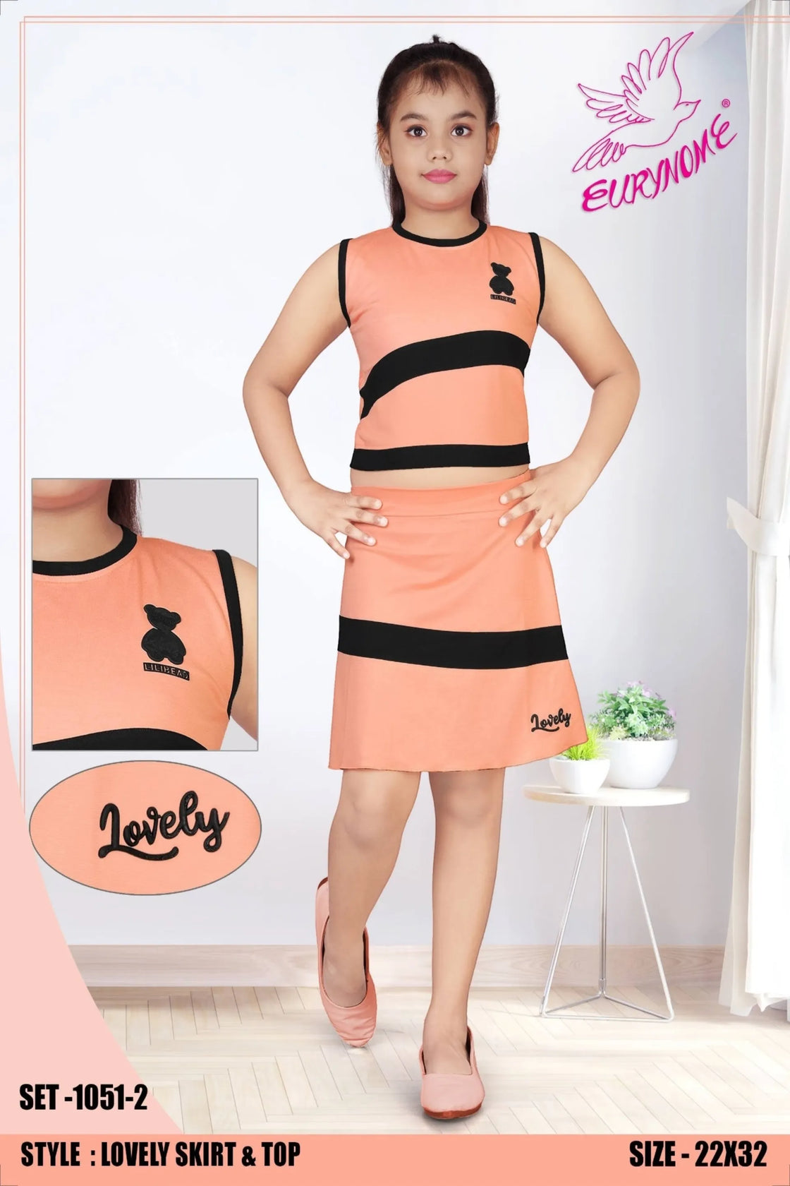 Eurynome Kidswear Girls – Lovely Tennis Skirt & Top set, sporty stripes, lightweight Tencel knits, “Lovely” motif, court-chic play for ages 3-9.