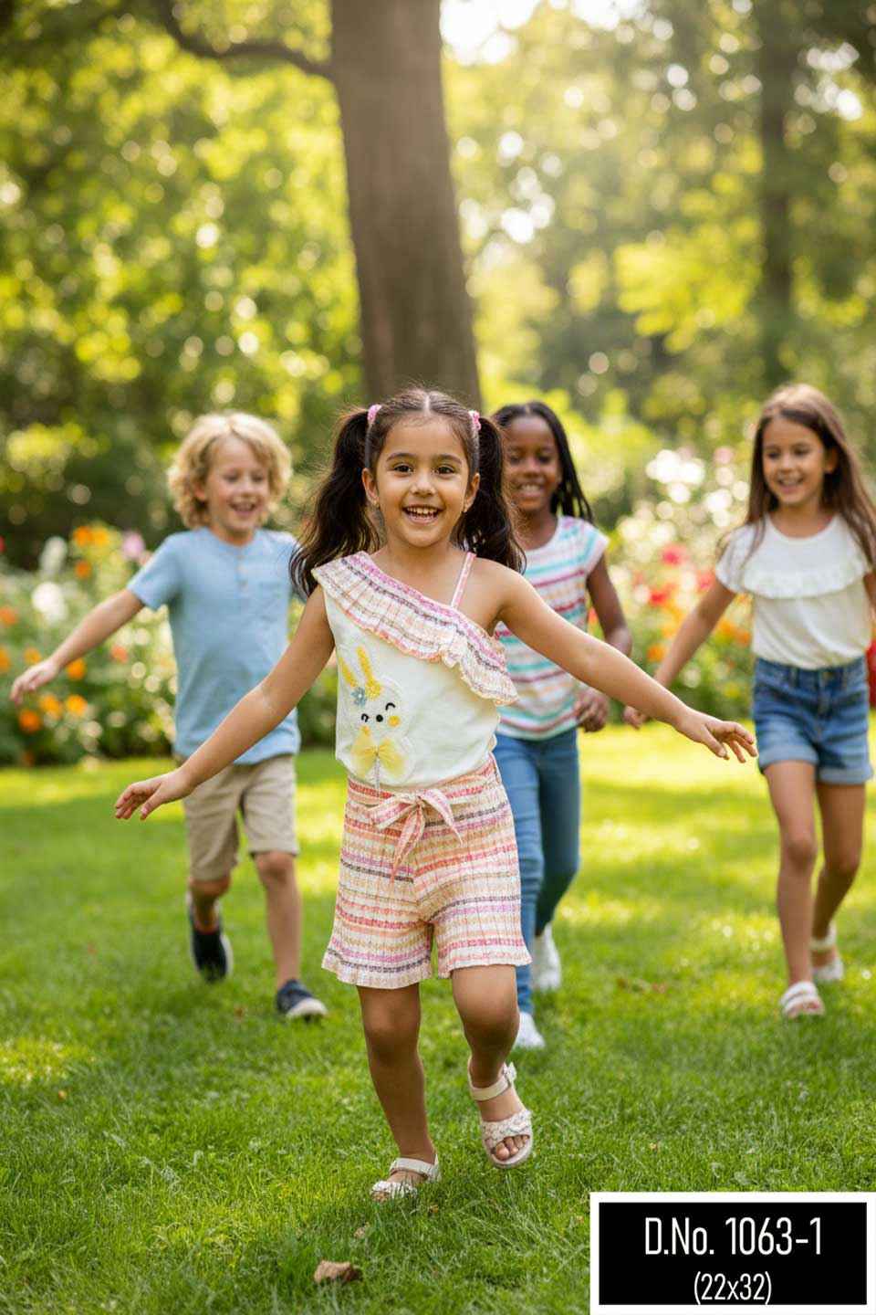 Eurynome Kidswear Girls – Asymmetric romper with chic single-shoulder, bunny detail, stylish belt, and pleated skirt flair. Perfect for standout style ages 3-9.