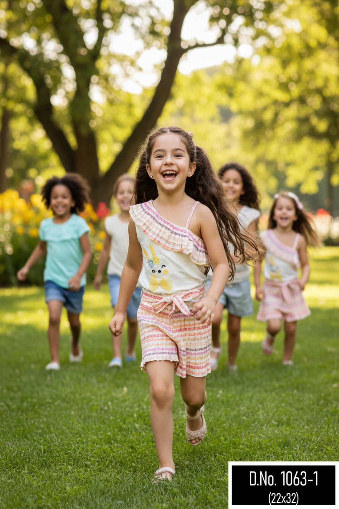 Eurynome Kidswear Girls – Asymmetric romper with chic single-shoulder, bunny detail, stylish belt, and pleated skirt flair. Perfect for standout style ages 3-9.