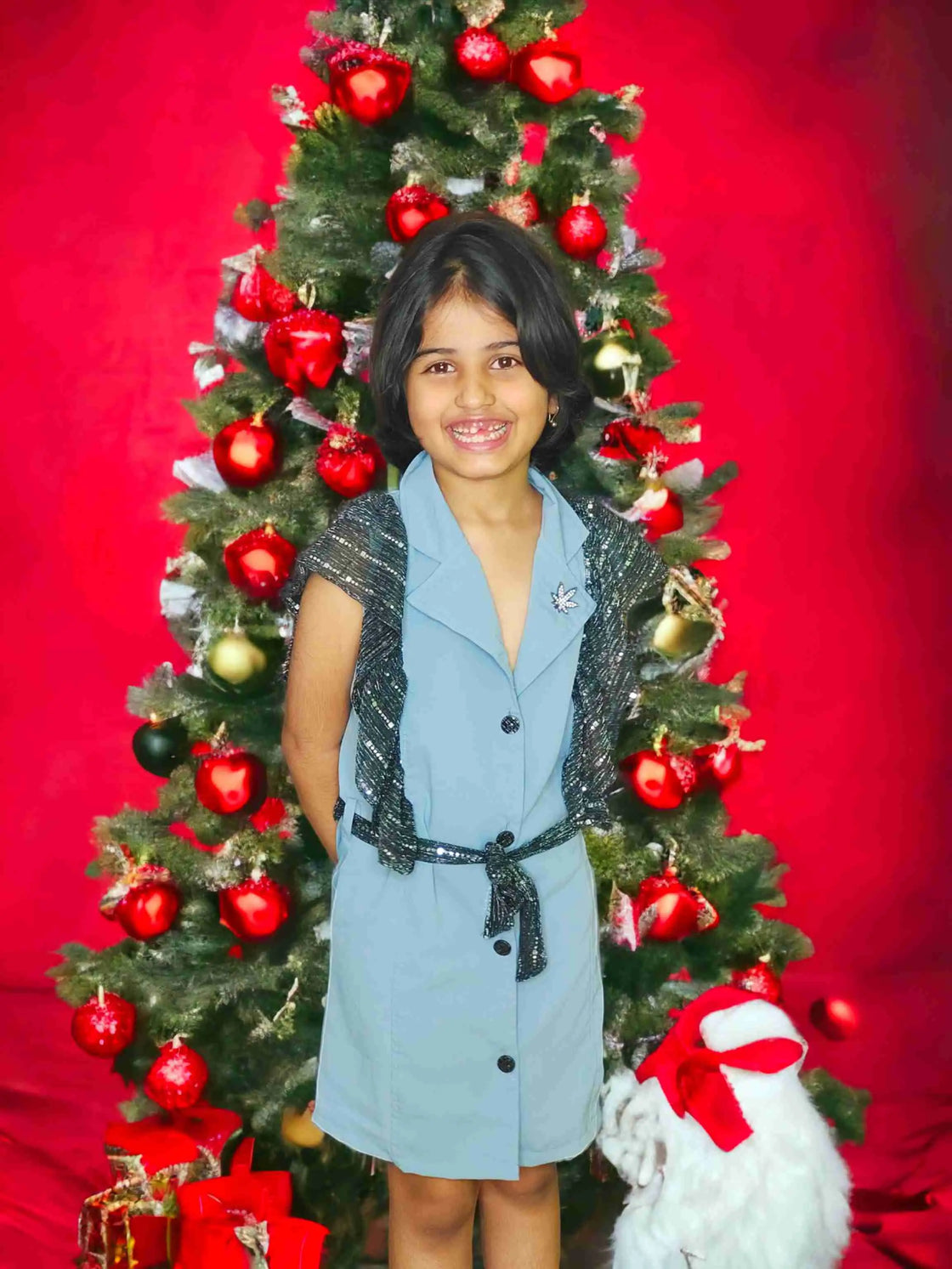 Eurynome Kidswear Girls – Ash Jacket Frock with bold black sequin frill sleeves, luxe metallic details, and a statement tie belt. Chic partywear for ages 3-9.