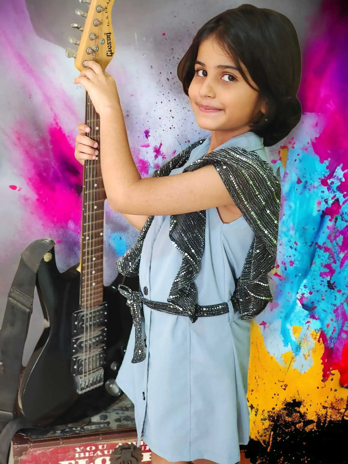 Eurynome Kidswear Girls – Ash Jacket Frock with bold black sequin frill sleeves, luxe metallic details, and a statement tie belt. Chic partywear for ages 3-9.