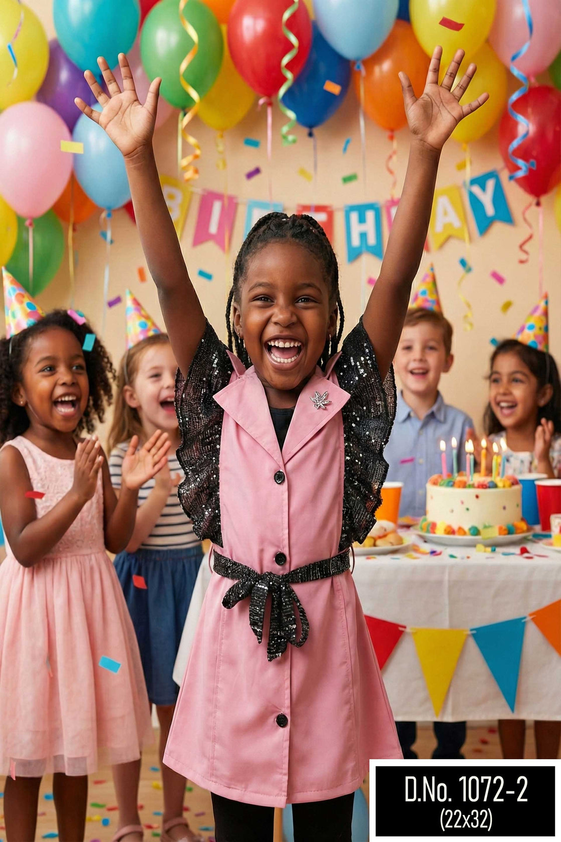 Eurynome Kidswear Girls – Jacket Frock with bold black sequin frill sleeves, luxe metallic details, and a statement tie belt. Chic partywear for ages 3-9.