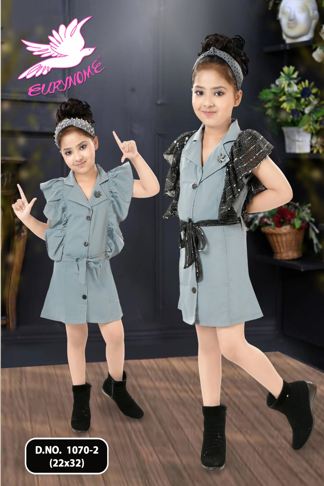 Eurynome Kidswear Girls – Jacket Frock, luxe ruffled sleeves, bold v-cut front, metallic buttons & brooch, buttery-soft comfort for ages 3-9.