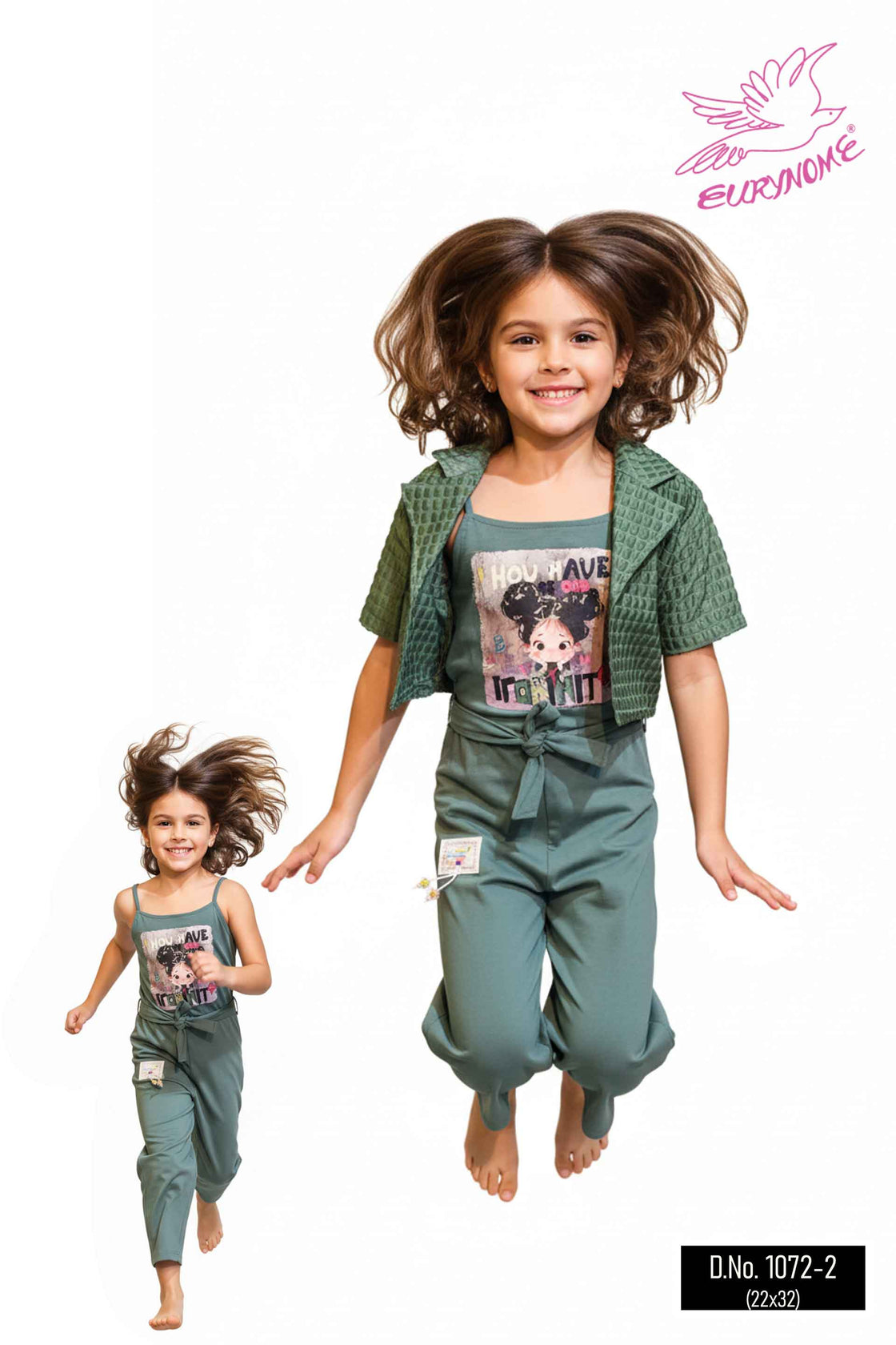 Eurynome Kidswear Girls- A spirited two-piece romper set in soft cotton, designed for girls who love to jump, run and have fun. ages 3-9 years