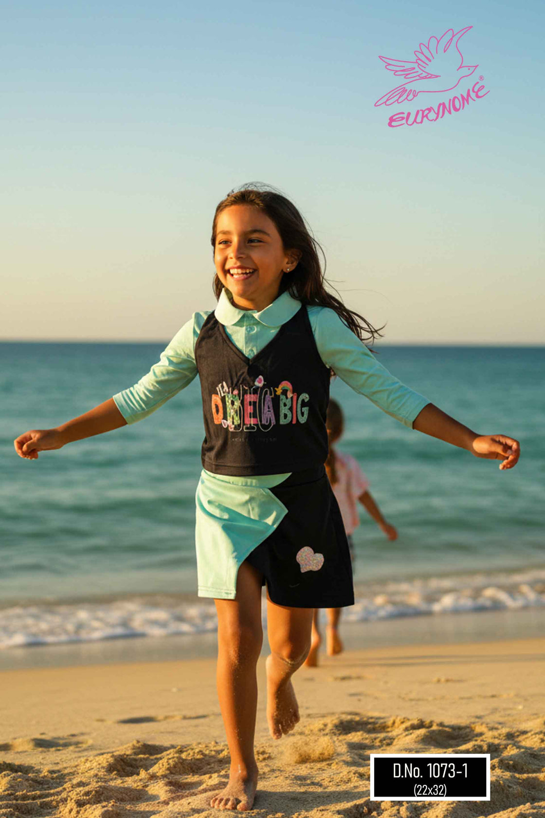 Eurynome Kidswear Girls—Dream Big beach set with layered mint shirt, cropped slogan top, and wrap-effect skirt for carefree run-and-fun days ages 3–9.