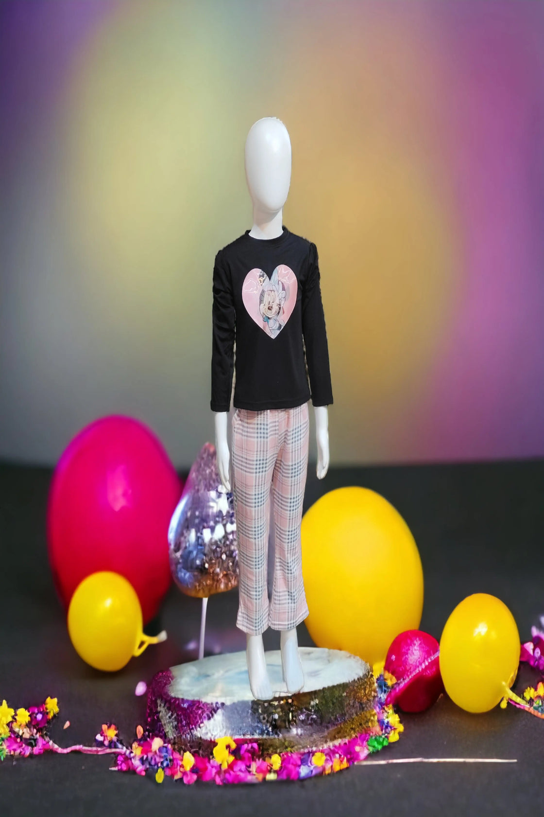 Eurynome Kidswear Girls—Luxe black Tencel cartoon top, soft checked cotton pants, trending silhouette, and elevated shoulder folds bring standout comfort and style. Perfect for every outing. Ages 3–9.