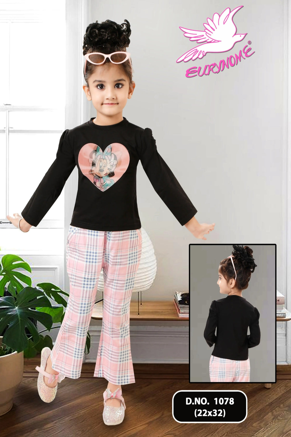Eurynome Kidswear Girls—Luxe black Tencel cartoon top, soft checked cotton pants, trending silhouette, and elevated shoulder folds bring standout comfort and style. Perfect for every outing. Ages 3–9.