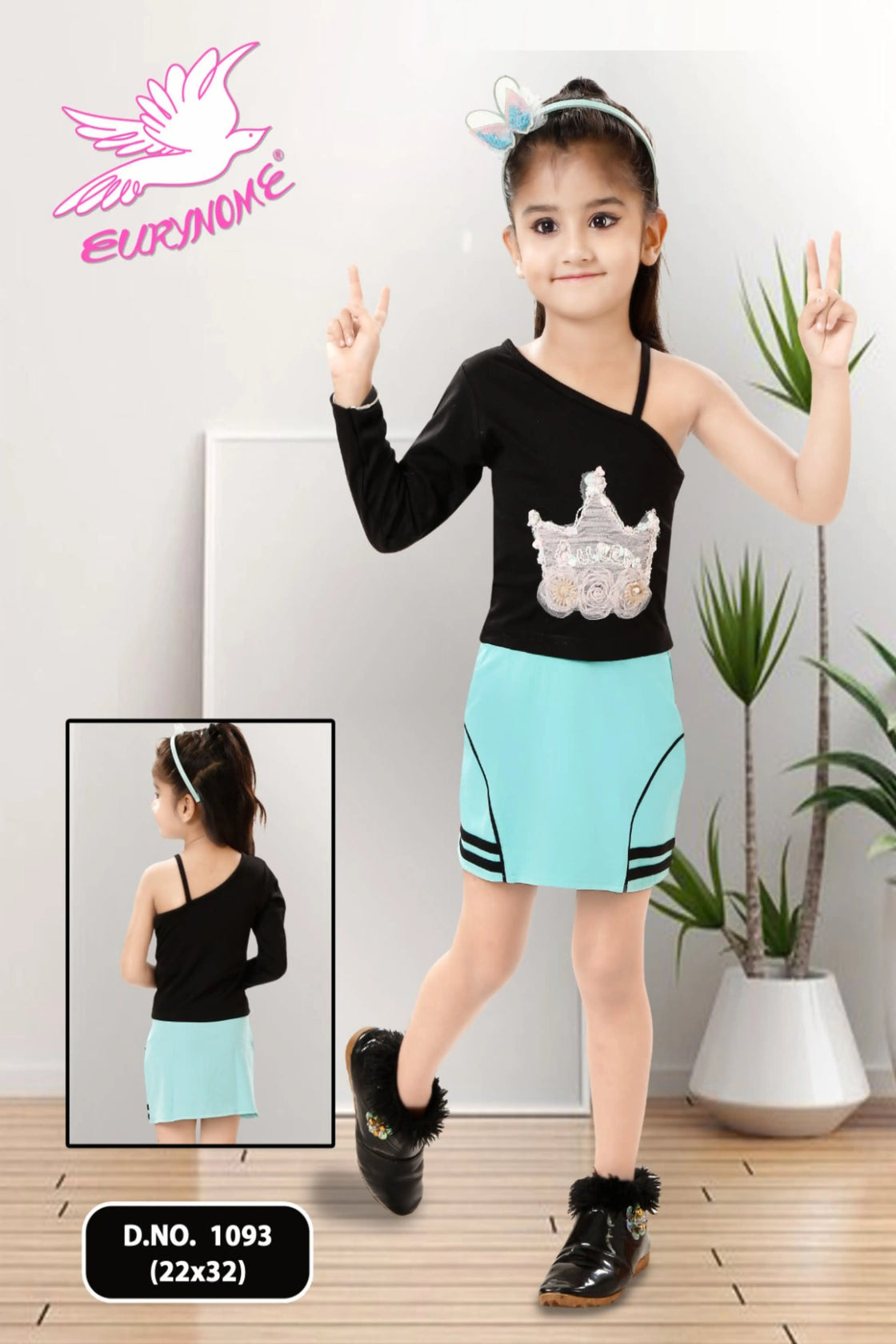 Eurynome Kidswear Girls—Single-shoulder cotton top with a handmade princess crown accent and pastel designer skirt. Luxe, soft, and distinctly stylish, Ages 3-9.