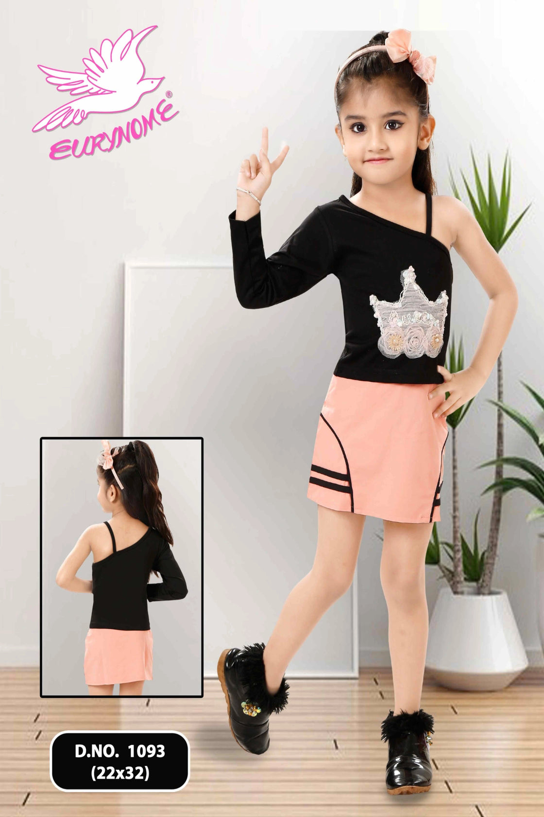 Eurynome Kidswear Girls—Single-shoulder cotton top with a handmade princess crown accent and pastel designer skirt. Luxe, soft, and distinctly stylish, Ages 3-9