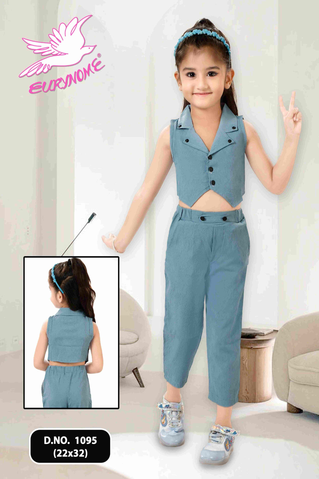 Eurynome Kidswear Girls—Luxe Turkish-inspired pastel co-ord set with a rare sleeveless jacket, lapel collar, and modern buttons, paired with tapered comfort pants. Unique, elegant, and perfect for chic style ages 3-9.