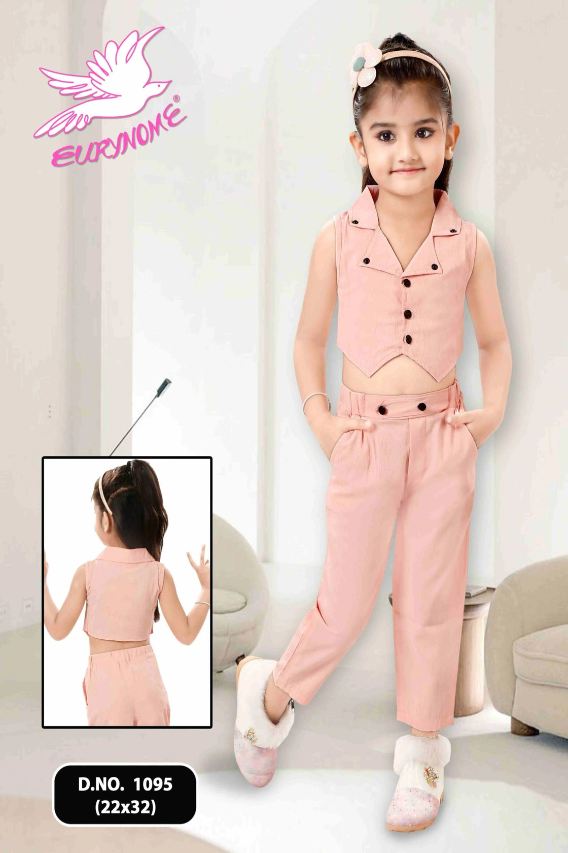 Eurynome Kidswear Girls—Luxe Turkish-inspired pastel co-ord set with a rare sleeveless jacket, lapel collar, and modern buttons, paired with tapered comfort pants. Unique, elegant, and perfect for chic style ages 3–9 .