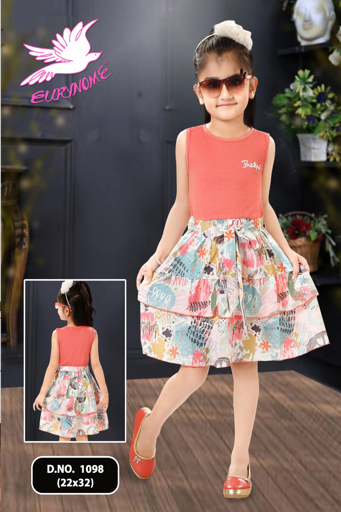 Eurynome Kidswear Girls—Beautifully bold 3D print meets floral magic in this cotton Tencel frock, made to twirl for ages 3–9