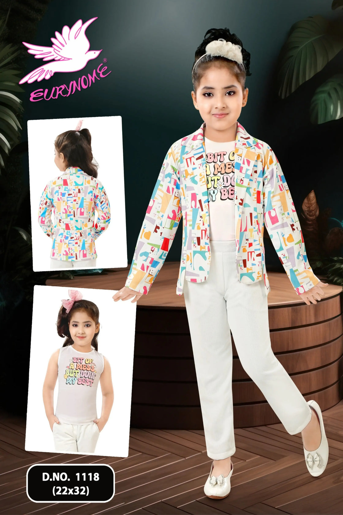 Eurynome Kidswear Girls—Statement graphic print jacket with pastel pops, pure white luxe pants, and “Bit of a mess but doing my best!” tee. Perfect for bold, confident style ages 3–9