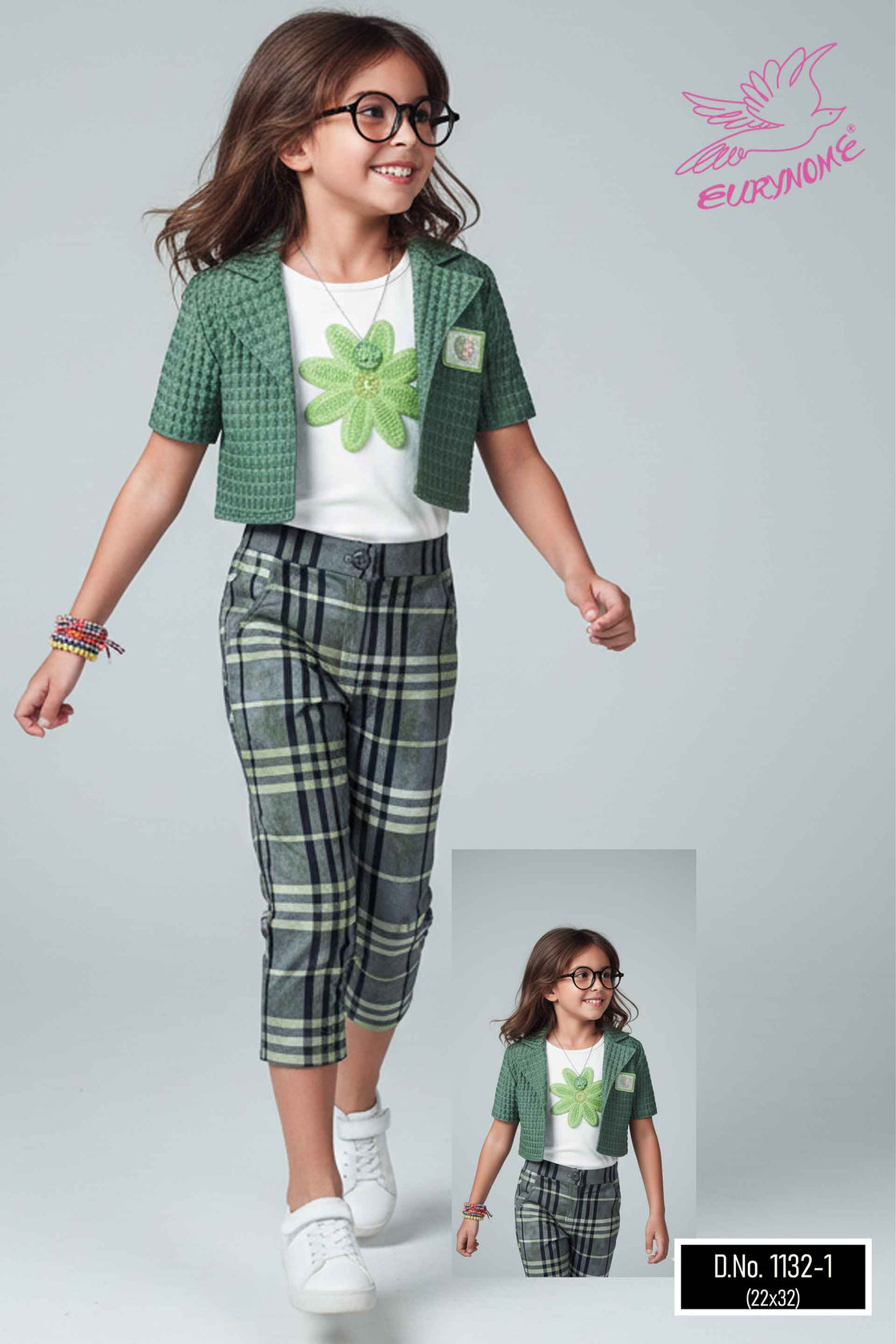 Eurynome Kidswear Girls- Shimmering jacket, cozy checks, colorful crochet – 3-piece joy! Ages- 3 to 9 YEARS