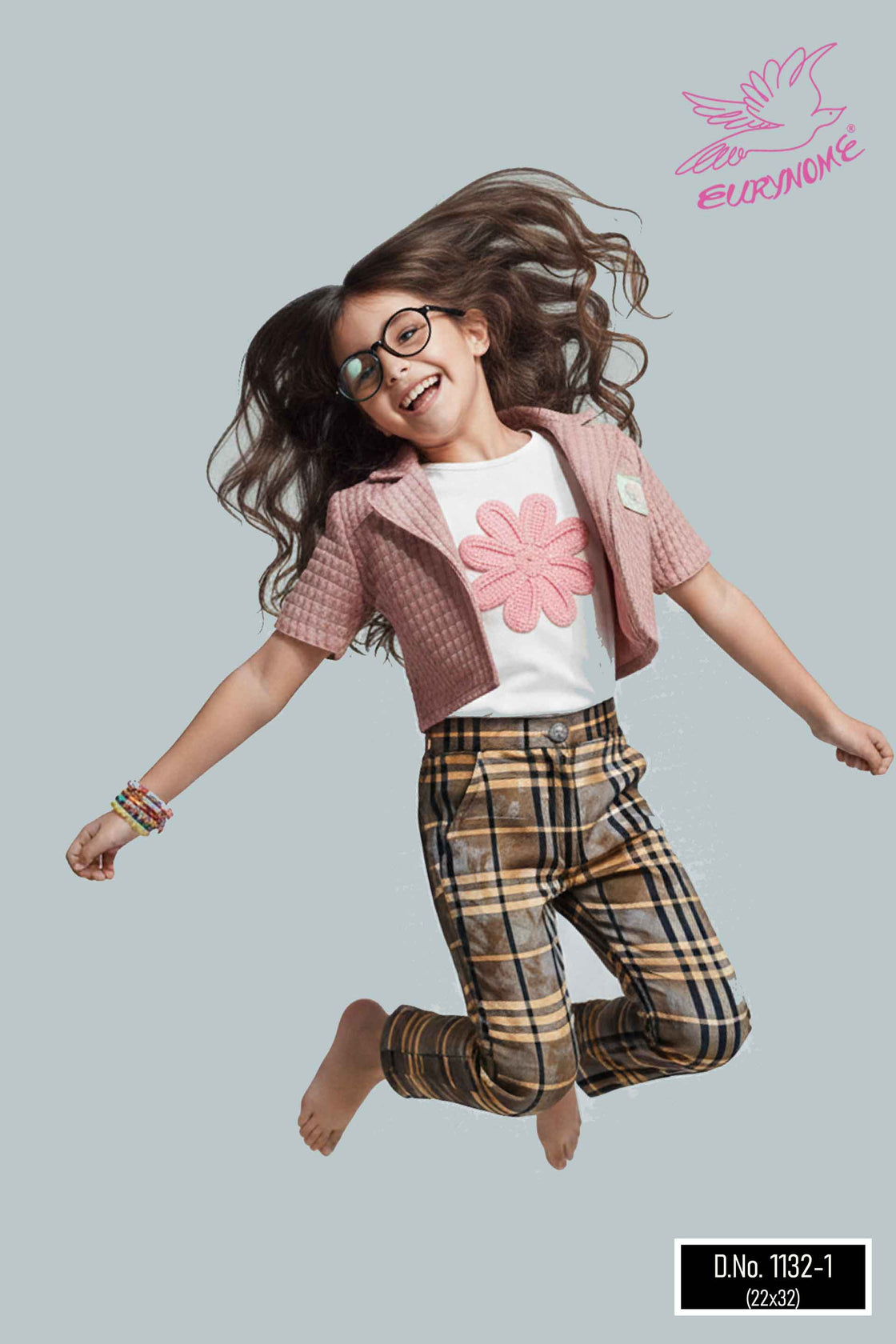 Eurynome Kidswear Girls- Shimmering jacket, cozy checks, colorful crochet – 3-piece joy! Ages- 3 to 9 YEARS