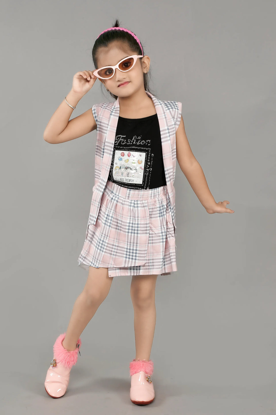 Eurynome Kidswear Girls – 3-Piece Fashion Skirt Set, Balloon Graphics Crop Top, Checked Tennis Skirt, Matching Jacket, Pure Cotton, Ages 3-6