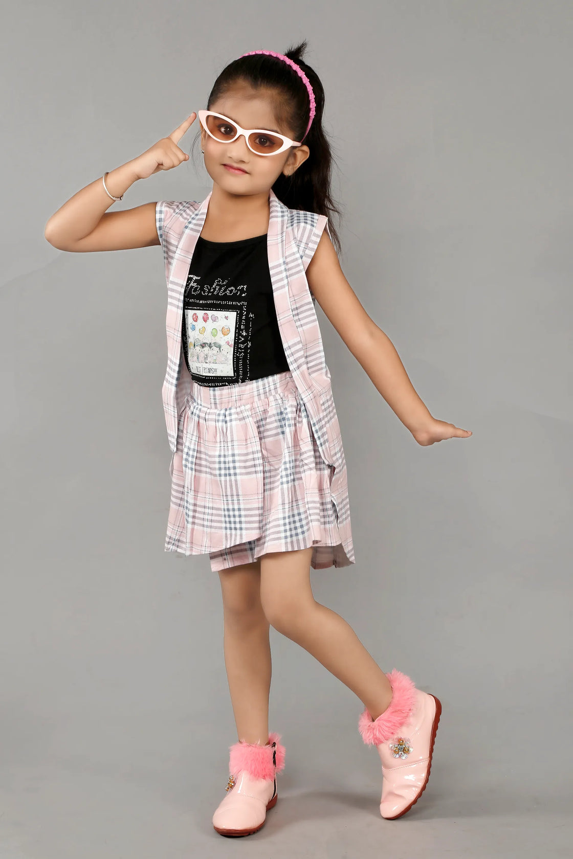 Eurynome Kidswear Girls – 3-Piece Fashion Skirt Set, Balloon Graphics Crop Top, Checked Tennis Skirt, Matching Jacket, Pure Cotton, Ages 3-6