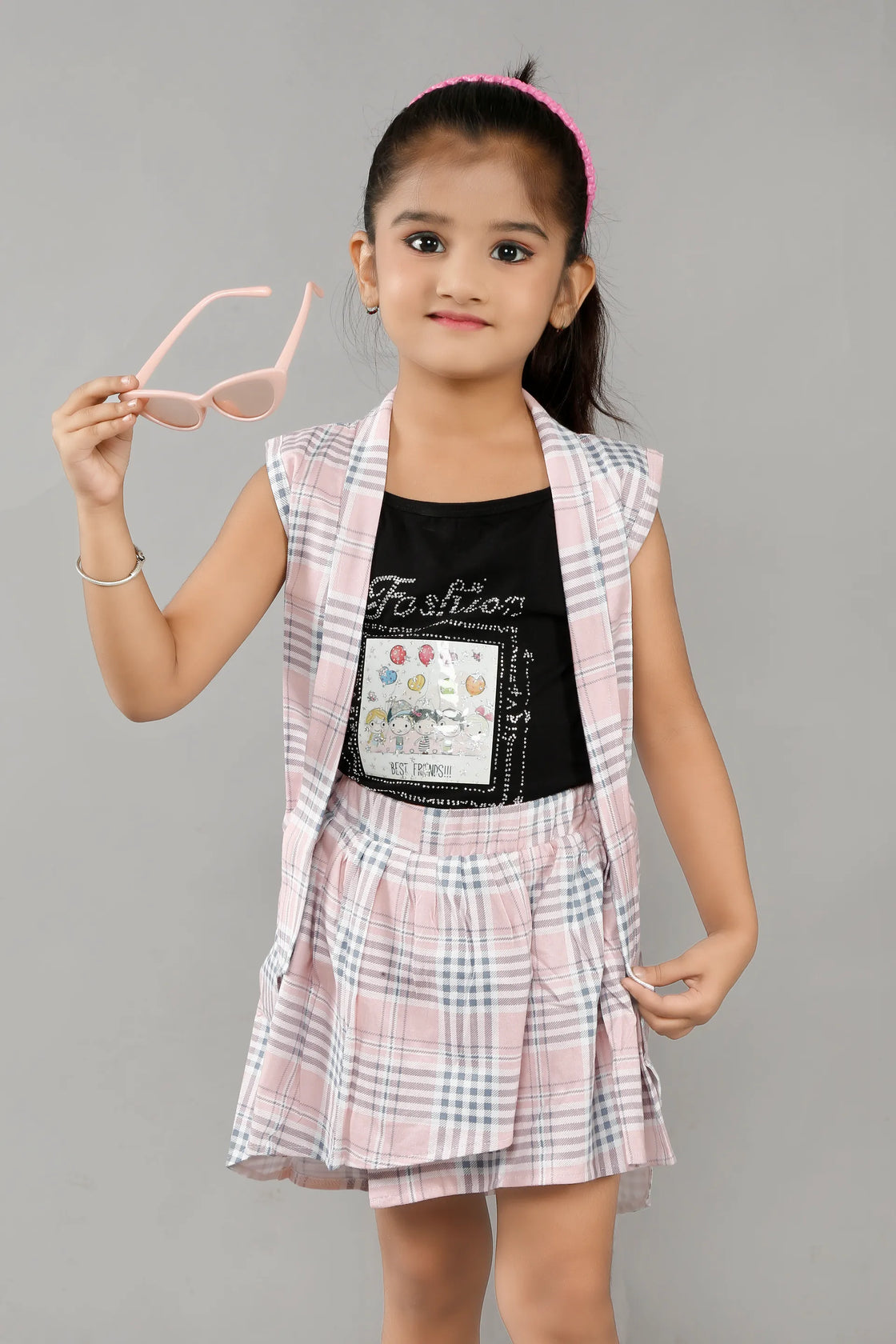 Eurynome Kidswear Girls – 3-Piece Fashion Skirt Set, Balloon Graphics Crop Top, Checked Tennis Skirt, Matching Jacket, Pure Cotton, Ages 3-6