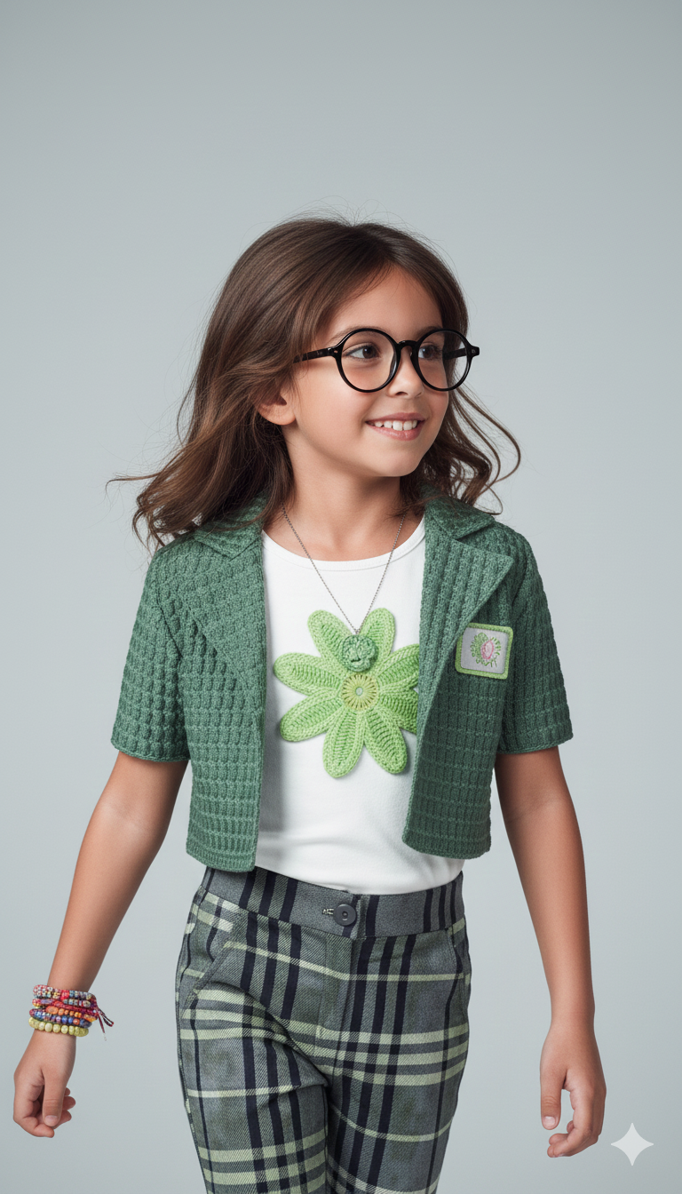 Eurynome Kidswear Girls- Shimmering jacket, cozy checks, colorful crochet – 3-piece joy! Ages- 3 to 9 YEARS