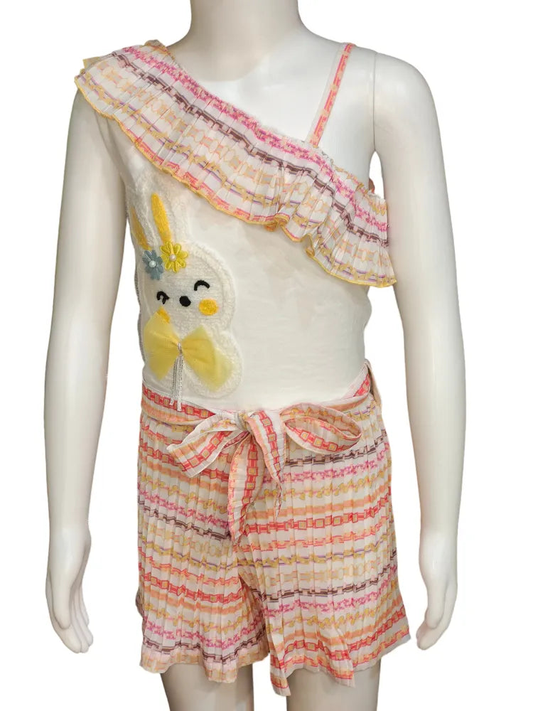 Eurynome Kidswear Girls – Asymmetric romper with chic single-shoulder, bunny detail, stylish belt, and pleated skirt flair. Perfect for standout style ages 3-9.