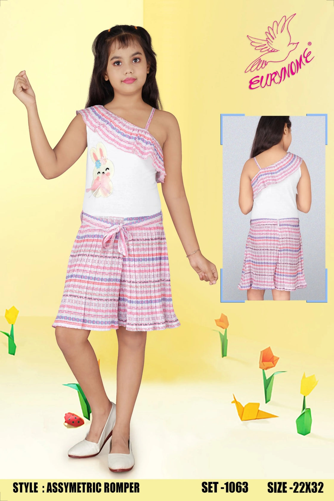 Eurynome Kidswear Girls – Asymmetric romper with chic single-shoulder, bunny detail, stylish belt, and pleated skirt flair. Perfect for standout style ages 3-9.