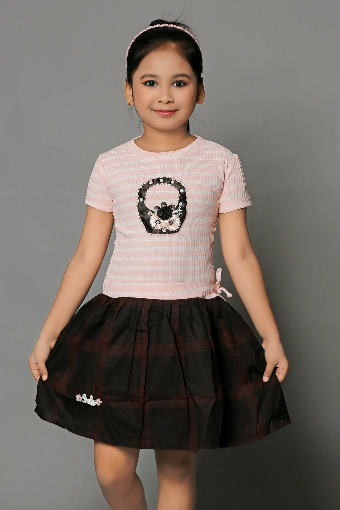 Eurynome Kidswear Girls – Basket Frock, Handmade Flower Basket Top, Puffy Checked Can-Can Skirt, Adjustable Fit, Stylish Party Dress Ages 3-6