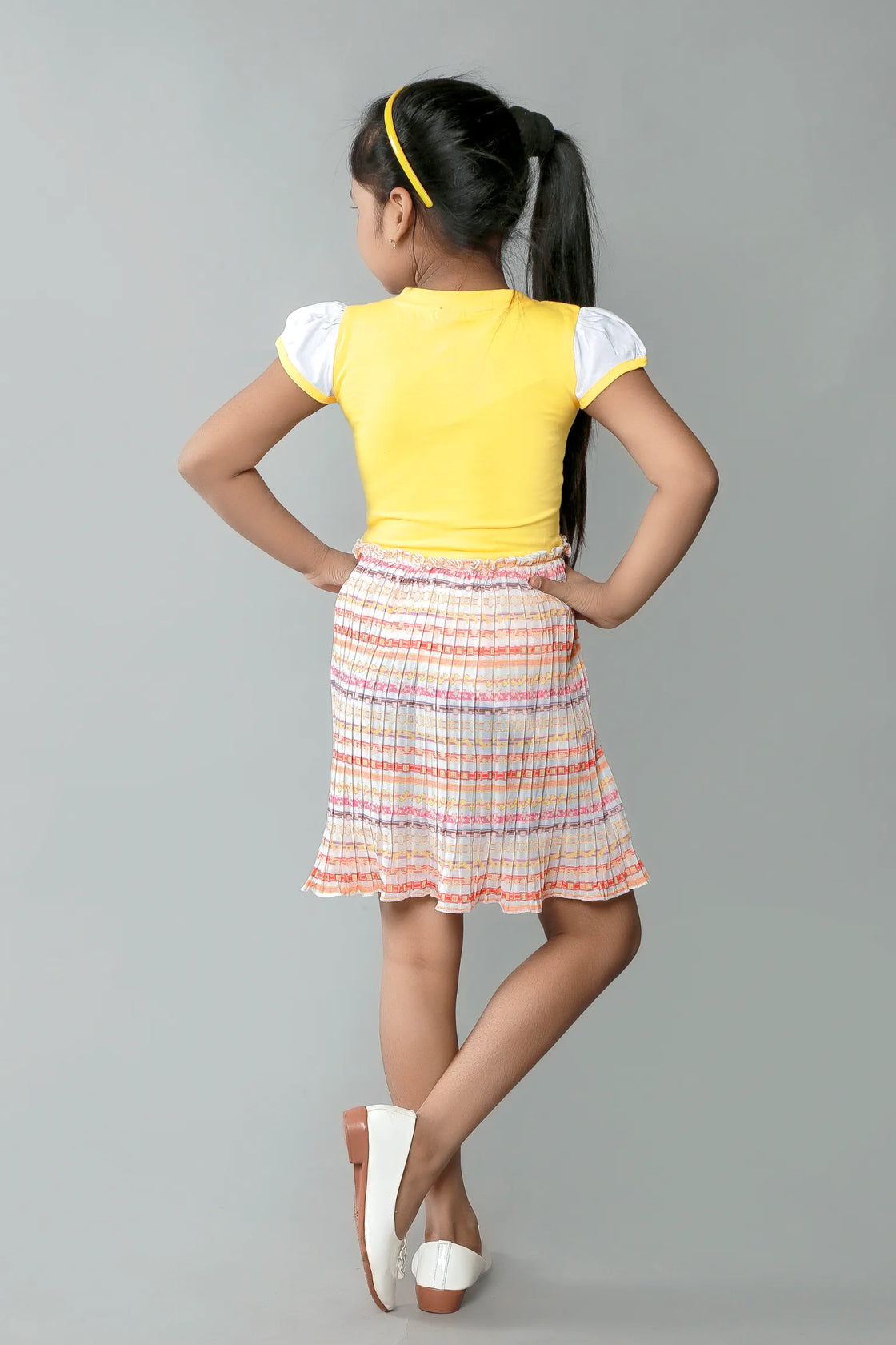 Eurynome Kidswear Girls – Designer Mickey Yellow Frock, stylish side details, pleated skirt, cheerful looks. Ages 3-9.