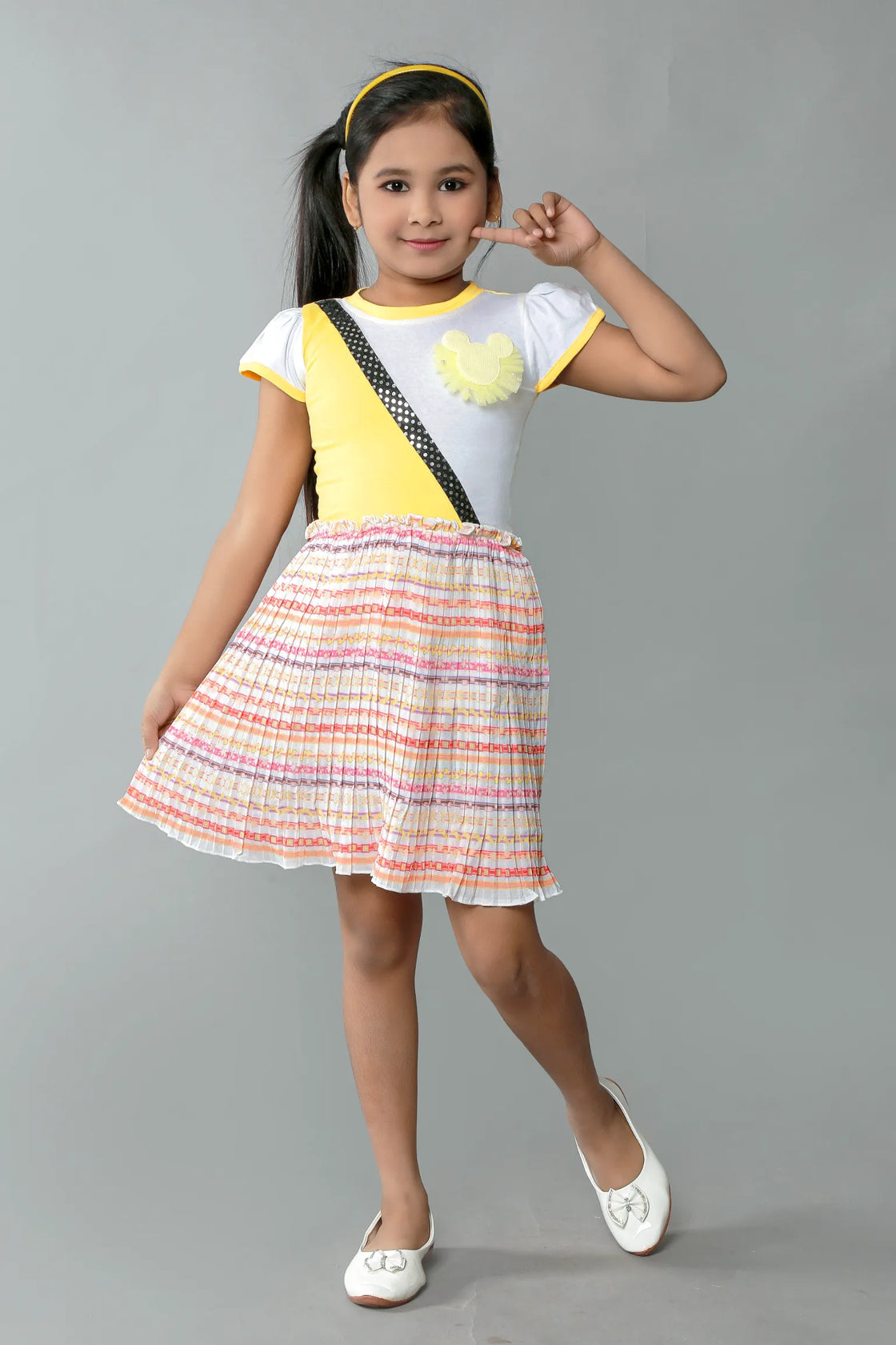 Eurynome Kidswear Girls – Designer Mickey Yellow Frock, stylish side details, pleated skirt, cheerful looks. Ages 3-9.
