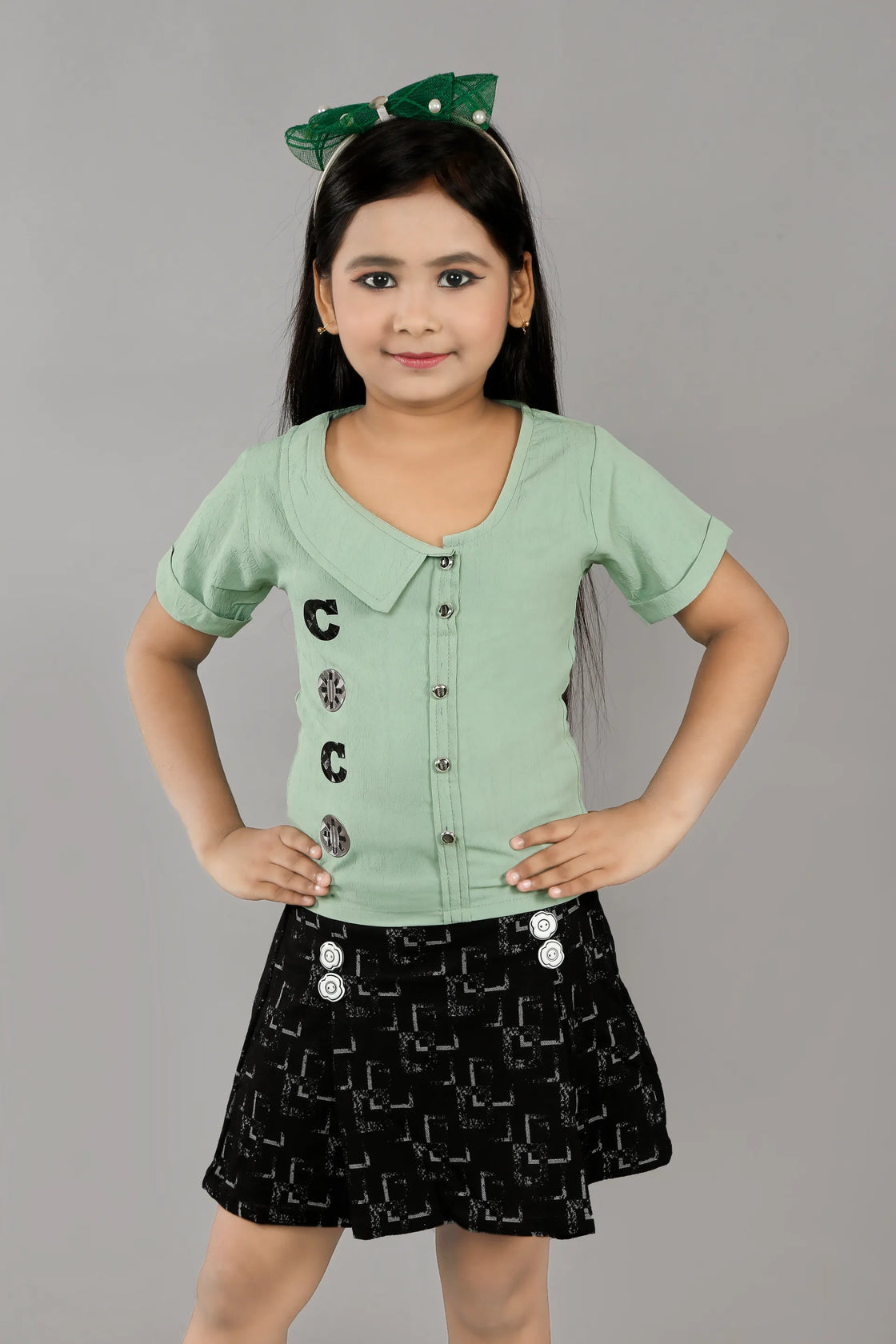 Eurynome Kidswear Girls – Chic Skirt & Top, Crushed Pink Collar Top, COCO Label, Jacquard Mini Skirt, Geometric Embossed Pattern, Stylish Ages 3-6.