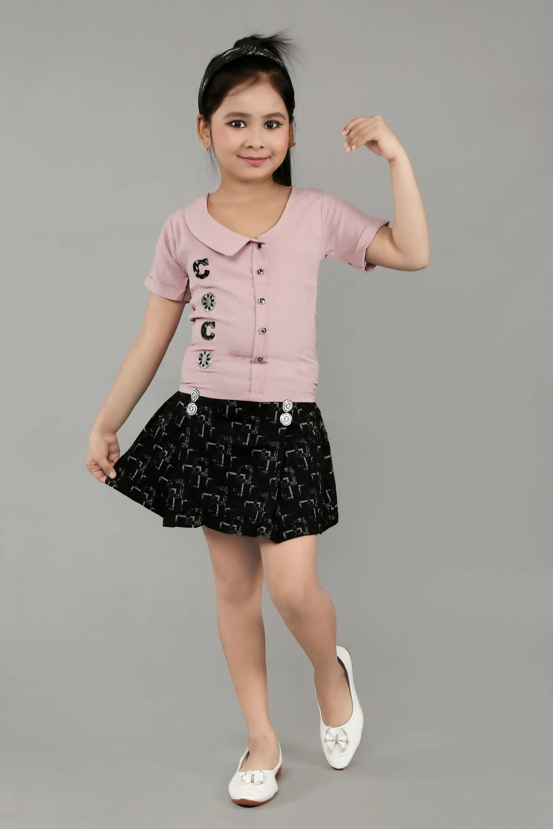 Eurynome Kidswear Girls – Chic Skirt & Top, Crushed Pink Collar Top, COCO Label, Jacquard Mini Skirt, Geometric Embossed Pattern, Stylish Ages 3-6.