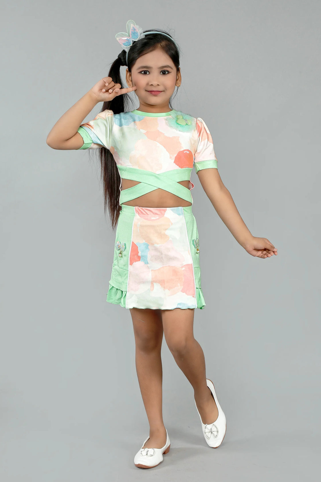 Eurynome Kidswear Girls – Cotton Candy Top & Skirt set, pastel prints, cross front, bow & pearl skirt detail, luxe handmade accents for ages 3-9.