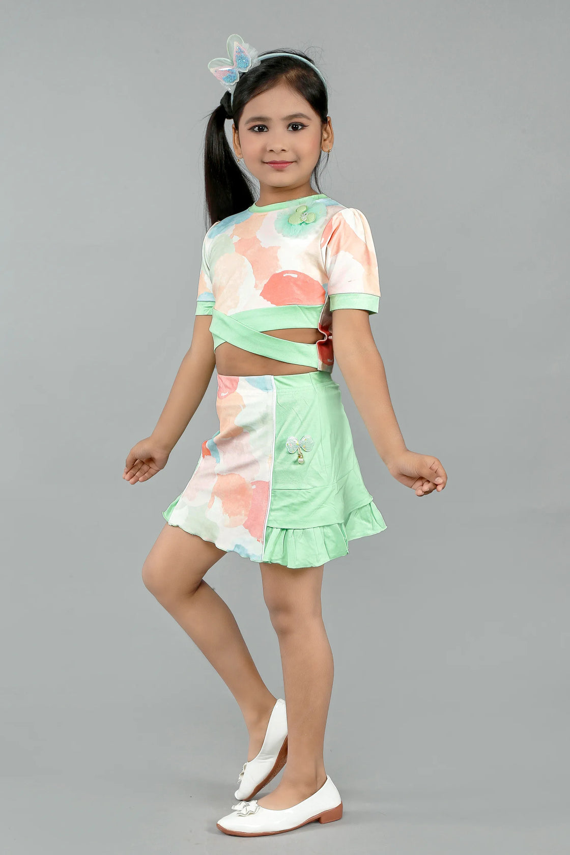 Eurynome Kidswear Girls – Cotton Candy Top & Skirt set, pastel prints, cross front, bow & pearl skirt detail, luxe handmade accents for ages 3-9.