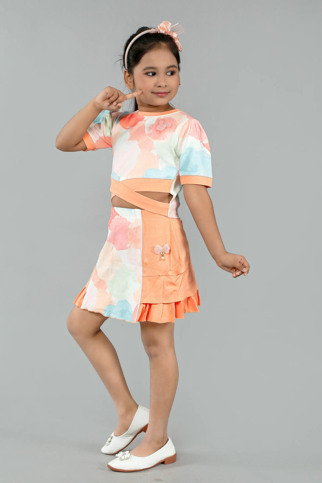 Eurynome Kidswear Girls – Cotton Candy Top & Skirt set, pastel prints, cross front, bow & pearl skirt detail, luxe handmade accents for ages 3-9.