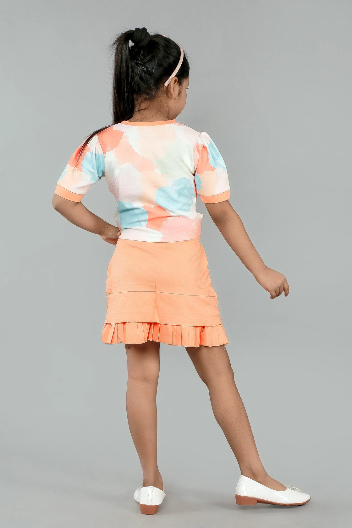 Eurynome Kidswear Girls – Cotton Candy Top & Skirt set, pastel prints, cross front, bow & pearl skirt detail, luxe handmade accents for ages 3-9.