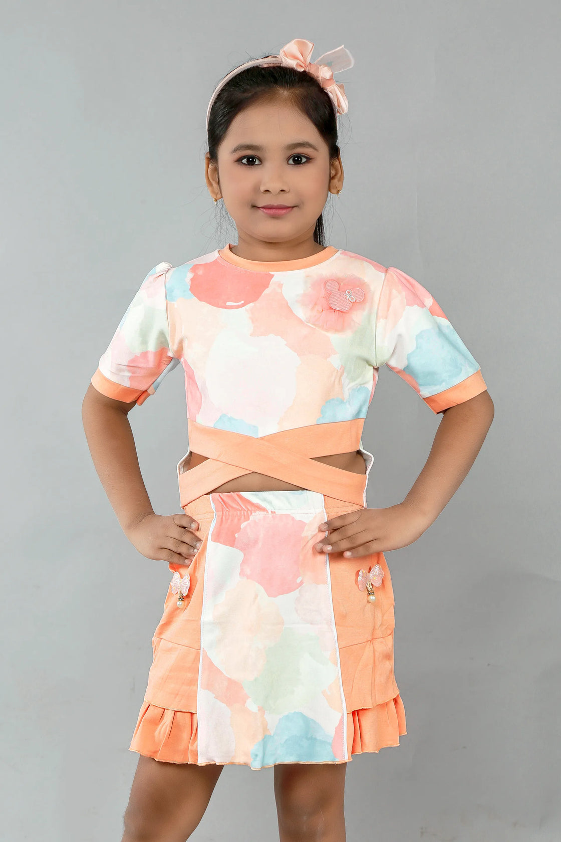 Eurynome Kidswear Girls – Cotton Candy Top & Skirt set, pastel prints, cross front, bow & pearl skirt detail, luxe handmade accents for ages 3-9.