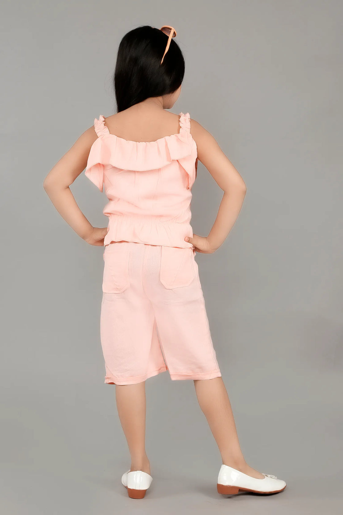 Eurynome Kidswear Girls – Cut Shoulder Floral Set, Handmade Embroidered Flowers, Frilled Straps, Soft Textured Sleeveless Top, Pocketed Capris, Stylish & Comfortable Ages 3-6.