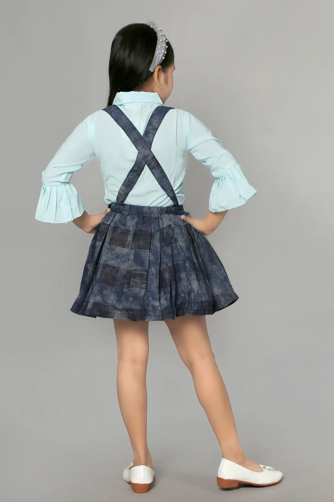 Eurynome Kidswear Girls – Fancy Top & Gallus Skirt Set, Hand Embroidered Floral Broach, Frilled Sleeves, Puffy Mercerized Checked Skirt, Bow Center, Party Classic for Ages 3-6