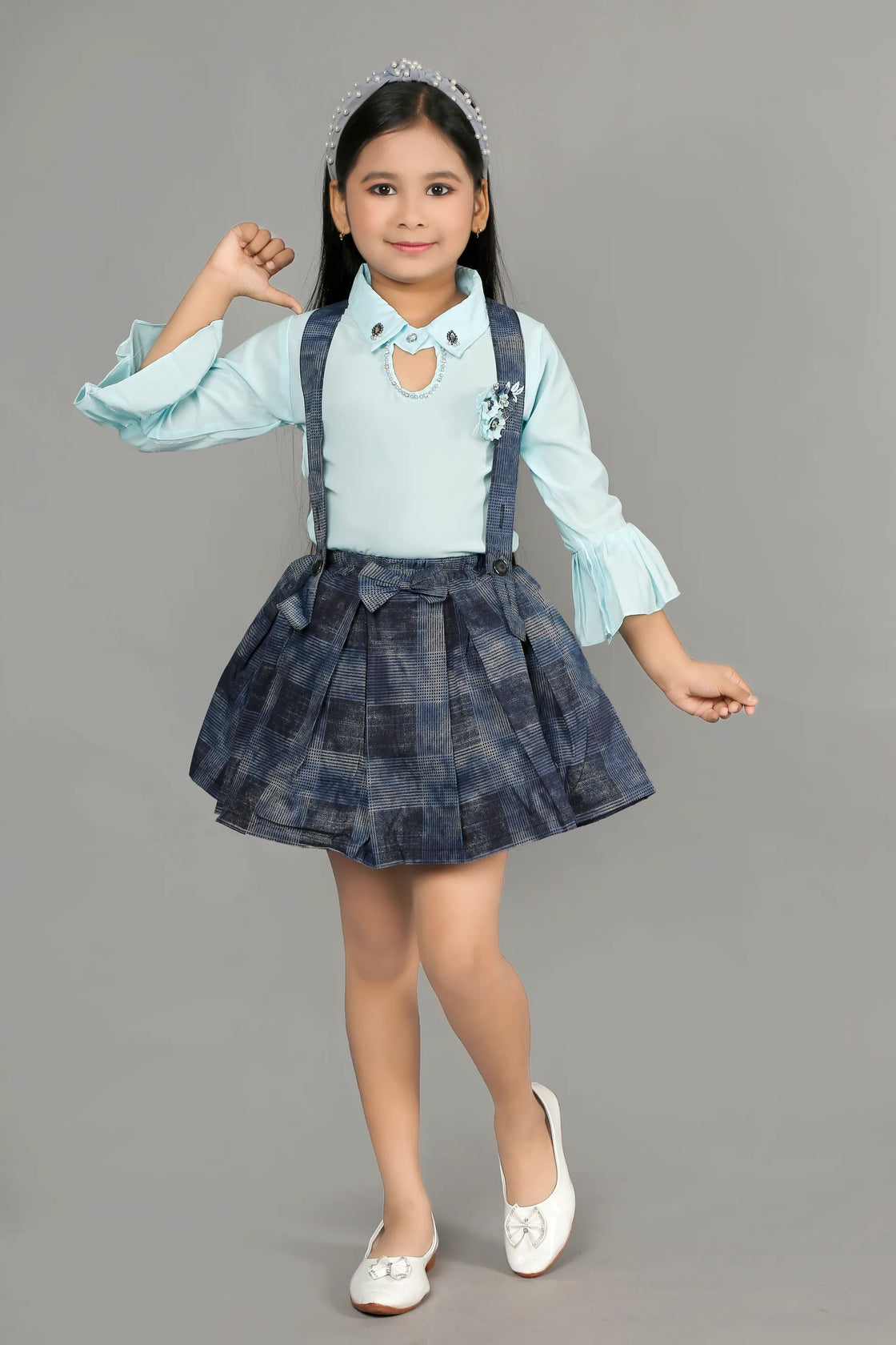 Eurynome Kidswear Girls – Fancy Top & Gallus Skirt Set, Hand Embroidered Floral Broach, Frilled Sleeves, Puffy Mercerized Checked Skirt, Bow Center, Party Classic for Ages 3-6