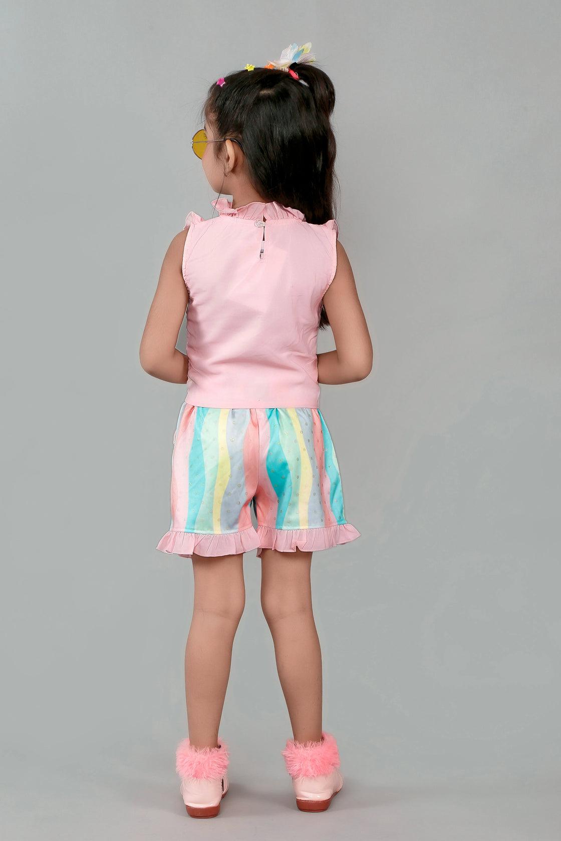 Eurynome Kidswear Girls – Ruffle top & pastel short set, butterfly appliqué, foil wave shorts, comfy chic for ages 3-9.