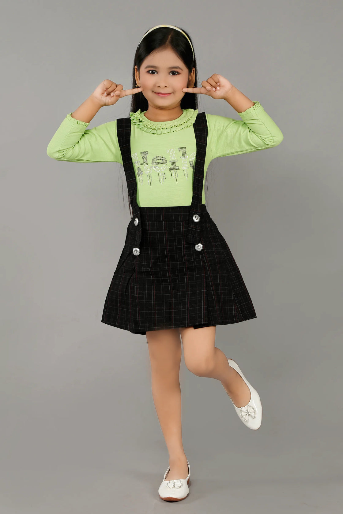 Eurynome Kidswear Girls – HELLO Gallus Skirt & Top Set, Emboz hoisery top, Ruffle Neck Top, 3D Bead Lettering, Black Short Skirt with Classic Gallus, Party Chic Ages 3-6.