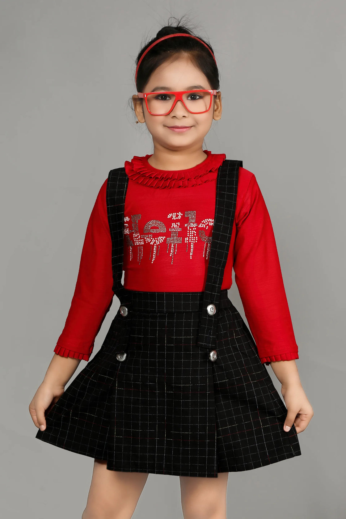 Eurynome Kidswear Girls – HELLO Gallus Skirt & Top Set, Emboz hoisery top, Ruffle Neck Top, 3D Bead Lettering, Black Short Skirt with Classic Gallus, Party Chic Ages 3-6.