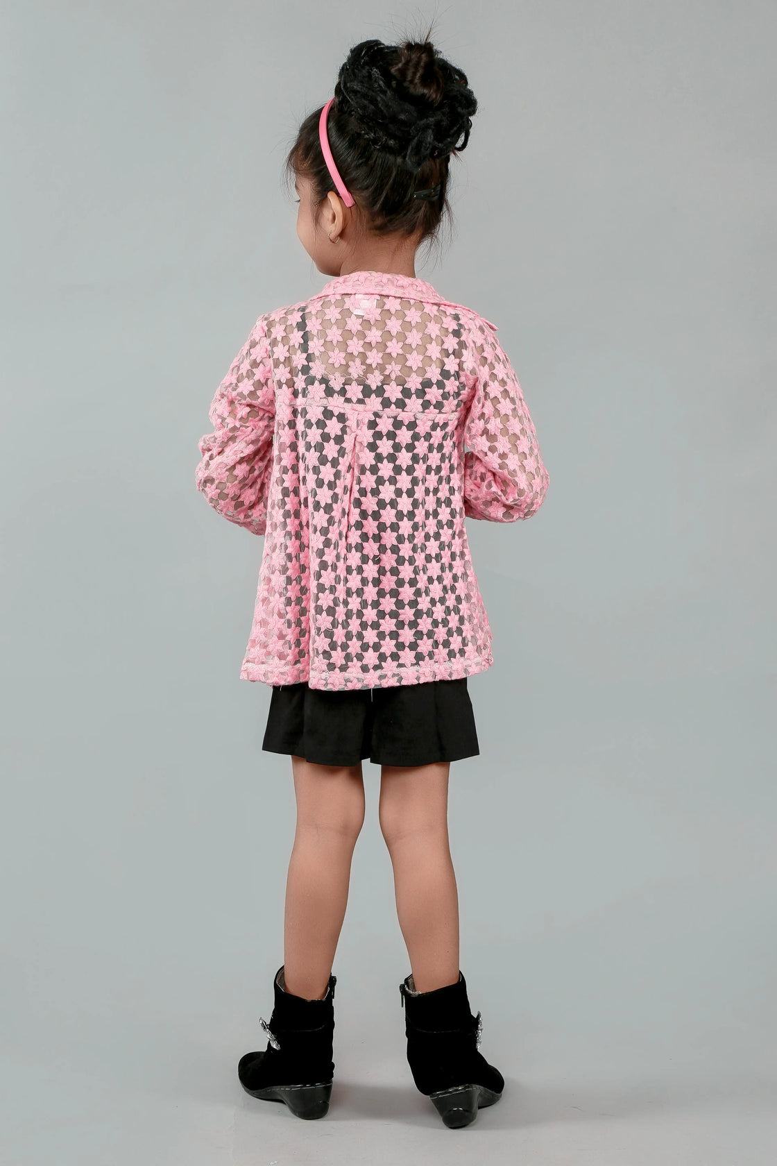 Eurynome Kidswear Girls—Luxe Tencel jumpsuit paired with a rare, pure cotton crocheted black shirt, floral full sleeves, and comfy belt. Trendy elegance and next-level comfort for stylish girls. Ages 3–9