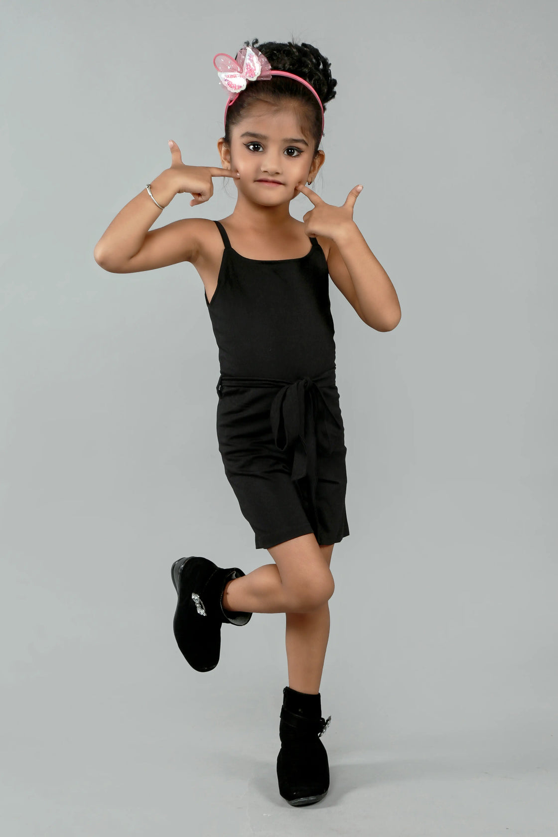 Eurynome Kidswear Girls—Luxe Tencel jumpsuit paired with a rare, pure cotton crocheted black shirt, floral full sleeves, and comfy belt. Trendy elegance and next-level comfort for stylish girls. Ages 3–9