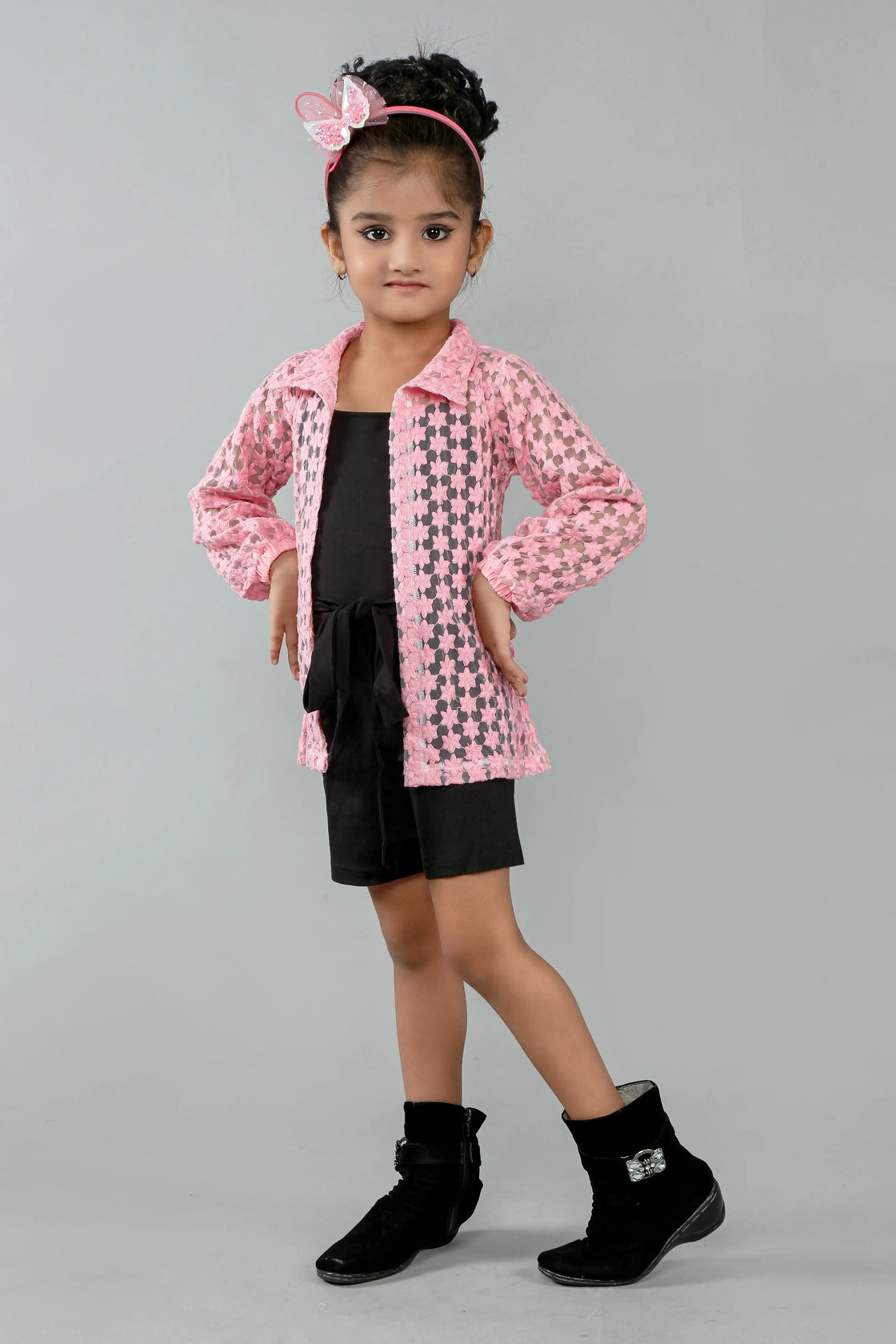 Eurynome Kidswear Girls—Luxe Tencel jumpsuit paired with a rare, pure cotton crocheted black shirt, floral full sleeves, and comfy belt. Trendy elegance and next-level comfort for stylish girls. Ages 3–9